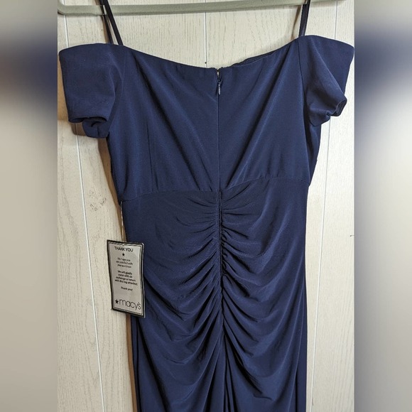 X by Xscape navy blue off shoulder maxi gathered A line formal dress gown sz 8 - Picture 9 of 14